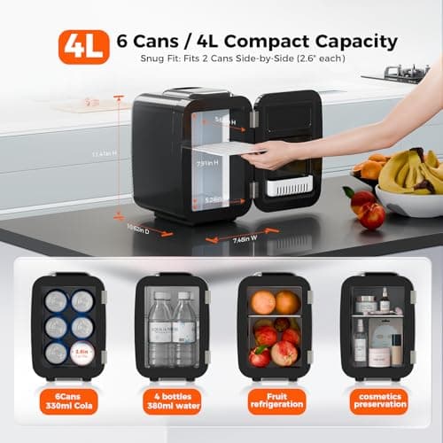 YASHE Mini Fridge, 4 Liter/6 Cans Portable Cooler and Warmer, AC/DC Power Small Fridge, Quiet Desk Skincare Fridge for Beauty Drinks Medicine, Mini Fridge for Bedrooms Office Dorm Car Travel, Black — view 4