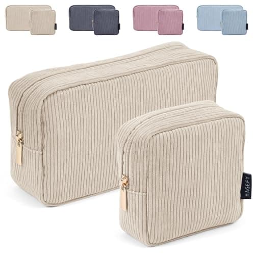 Makeup Bag, MAGEFY 2 Pcs Small Makeup Bag for Handbag Corduroy Pouch with Compartments Travel Makeup Cosmetic Bag for Women (Beige)