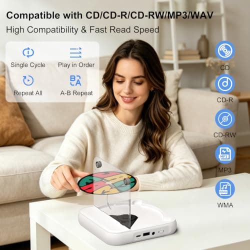 CD Player Portable with Built-in Speaker, Bluetooth Rechargeable CD Player for Home & Car, Personal Small Music Player Supports CD/USB/AUX, Includes Headphones & Type-C Cable, White — view 6