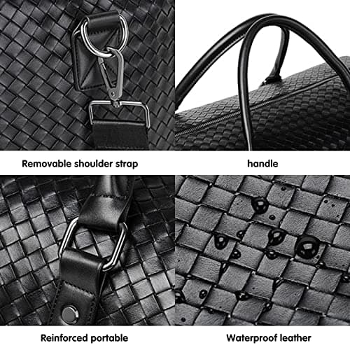 Leather Travel Duffle Bag for Men, Woven Carry On Weekender Overnight Bags for Business Sports Gym Black — view 4