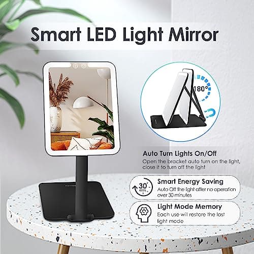 ESWU Travel Makeup Mirror with Light, Portable Folding Make Up Tabletop Mirror with 58 LEDs 3 Colors Light Modes Rechargable Compact Vanity Mirror with Adjustable Stand (Black) — view 4