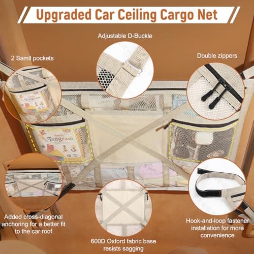 Car Ceiling Cargo Net,31.5"x21.6" Car Overhead Storage Mesh Organizer,Double Layer Roof Mesh Camping Overlanding Gear Must Haves Cargo Net,Road Trip Essentials（ Beige） — view 4