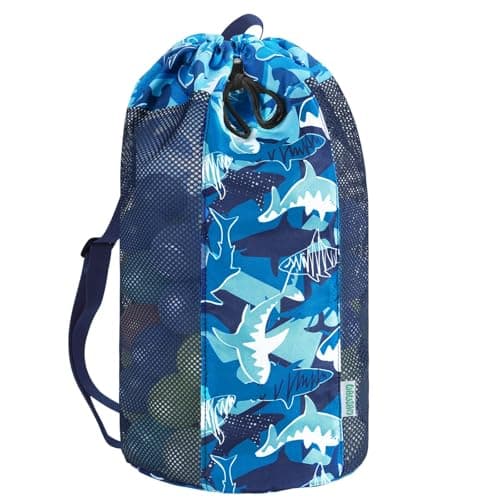 WAWSAM Shark Large Mesh Beach Bag for Kids, Kids Drawstring Beach Backpack for Boys, Tote Mesh Beach Toys Bag, Swim Pool Toys Balls Storage Bags Gym Bag, Beach Toy Shells Organizer