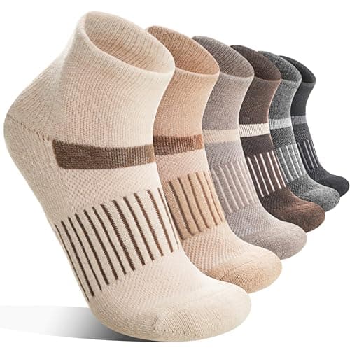 MOSEY KOSY 6 Pairs Merino Wool Socks Women Men Unisex Quarter Running Walking Hiking Work Thermal Winter Warm Compression Support Breathable Thick Cushion Socks(Beige Series,3-7)