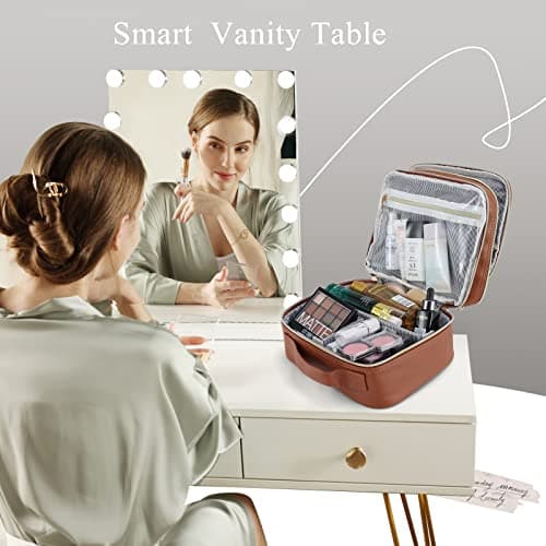 Joligrace Double Layer Makeup Bag Cosmetic Case Vanity Travel Beauty Box Make Up Train Case Hairdressing Tools Organiser with Adjustable Compartment, Brown — view 5