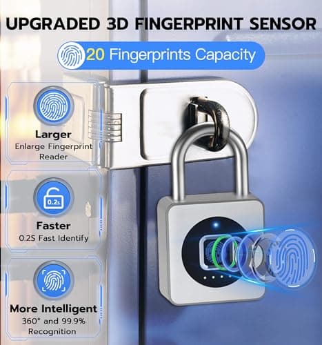 eLinkSmart Fingerprint Gym Locker Lock, Keyless Biometric Padlock, Weatherproof Electronic Digital Smart Combo Pad Lock for Outdoor Fence Gate Storage Fridge Helmet Ski Pool Shed (Silver, with Cable) — view 3