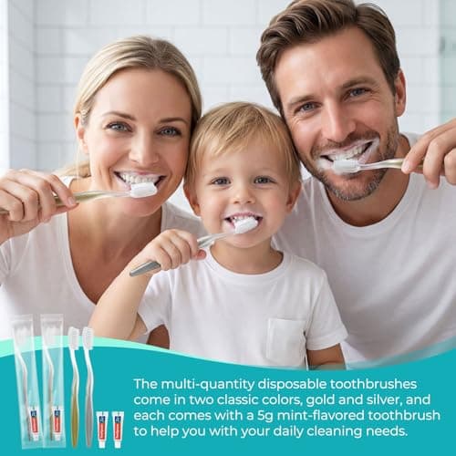 Lomgwumy Disposable Travel Toothbrush, Gold and Silver Toothbrush and Toothpaste, Individually Packaged, Suitable for Hotel, Home, Camping and Travelling (30-Pack) — view 2