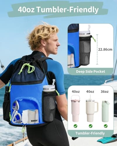 WANDF Swim Bag Mesh Drawstring Backpack with Dual Wet Compartments, 40oz Water Bottle Pocket & Transparent Front Pocket Sandproof Beach Bag for Swimming, Pool, Gym and Workout Gear (Blue) — view 3