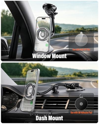 APPS2Car Magnetic Car Phone Holder for MagSafe, Long Arm Suction Cup Windscreen & Dashboard Mount, Super Strong Magnet, One-Hand Adjustable, iPhone 17/16/15/14/13/12 + Metal Ring for Android — view 3