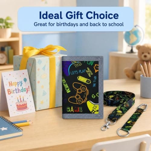 Kids Wallet, Black Canvas Game Console Print Trifold with Slots & Lanyards — view 5