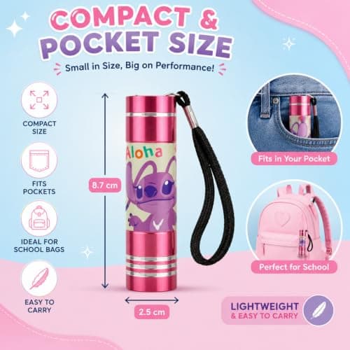 SRV Hub 9 LED Mini Flashlight Pink, 8.7cm Aluminium Kids Torch with Wrist Strap, Compact Pocket Light for School, Travel, Camping, Outdoor Adventures, Birthday Gifts and Party Bags — view 2