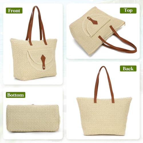 EVEOUT Women Straw Woven Tote Bag Summer Beach Bag Casual Boho Faux Raffia Shoulder Bag with PU Leather Handles for Holiday Travel — view 6