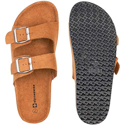 alpine swiss Womens Double Strap Contour Sandals | Adjustable Buckle Slides | Vegan Leather Footbed Sandals | Ergonomic Cork-Inspired Sole | Casual Summer Footwear Slip On Slides with Buckles Tan 5 — view 4
