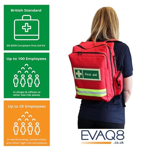 EVAQ8 First Response First Aid Kit — 139 Piece Red Rucksack, British Standard BS8599-1 Medium, HSE Compliant, Workplace & Professional Use, UK Assembled — view 2