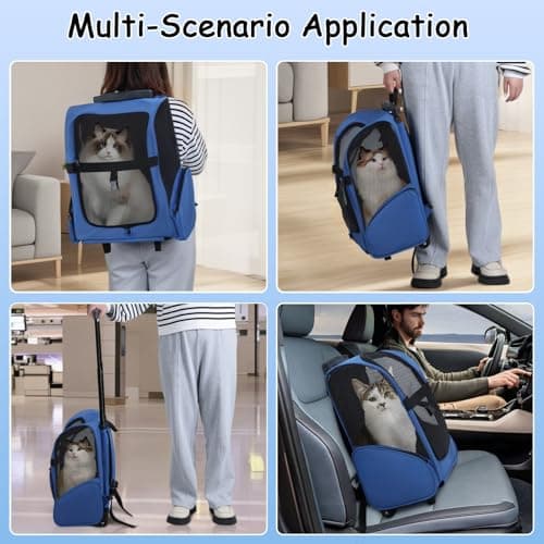 joukares 3-in-1 Portable Pet Carrier, Cat Backpack with Ventilation, Pet Stroller with Wheels & Telescopic Handle, Pet Carrier on Wheels, Carriers & Travel Products for Dogs & Cats Royal Blue — view 4