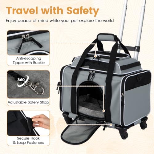 COSTWAY Foldable Pet Carrier with Wheels, Telescopic Handle (Grey) — view 5