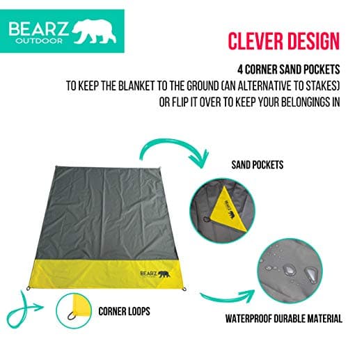 BEARZ Outdoor Travel Blanket - Pocket Sized Beach Mat, Waterproof Picnic Mat, Sandproof - Camping Gadgets & Festival Hiking Accessories (Yellow) — view 6