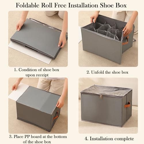 HZXYchen Shoe Storage Organizer, Shoe Organiser Fits 16 Pairs, Shoe Box Storage Containers with Clear Cover & Handles, Foldable Storage Bins with Sock Storage Net Fit for Boots Heels Sneakers (khaki) — view 3