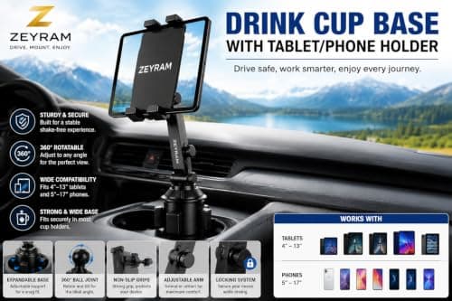 Car Cup Holder Tablet Mount, iPad Holder for Car, Car iPad Holder, Car Tablet Mount, Heavy Duty Adjustable Arm, Fits 4-13 Inch, Thick Case Friendly, Deep Claws, 360° Rotation — view 4