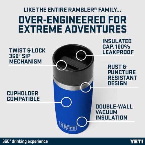 YETI Rambler 12 oz (355 ml) Coffee Travel Bottle with 100% Leakproof Hotshot Commuter Cap, Vacuum Insulated Stainless Steel Tea & Coffee Cup Travel Mug, Royal Blue — view 3