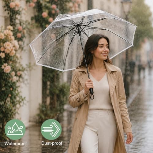 NKFBEV Clear Umbrella, 8 Ribs Rainproof and Folding Transparent Umbrella — view 5