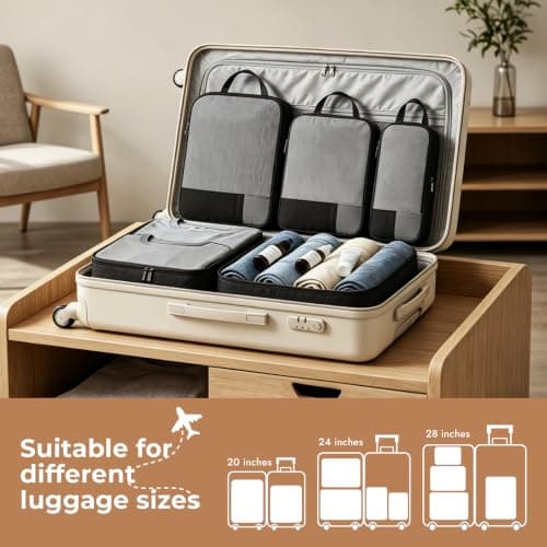 6 Set Compression Packing Cubes for Suitcases Backpack,Waterproof Travel Suitcase Packing Storage Clothes Shoes Bags with Dual-Zipper Expandable for Travel Accessories and Essentials,Black — view 5