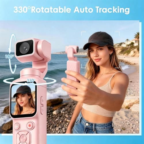 4K Gimbal Vlogging Camera with 330° Rotating Lens,1.72" Touchscreen,75MP Pocket Handheld Cam,WiFi App Control, EIS,Face Tracking,TF Card Included,Travel and Vlogging Daily Recording (pink,128GB) — view 3