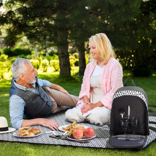 VonShef Picnic Backpack, 2 Person Grey Picnic Bag with Full Dining Set, Insulated Cooler Compartment & Large Waterproof Picnic Blanket, Lightweight Water Resistant Camping Accessories — view 6