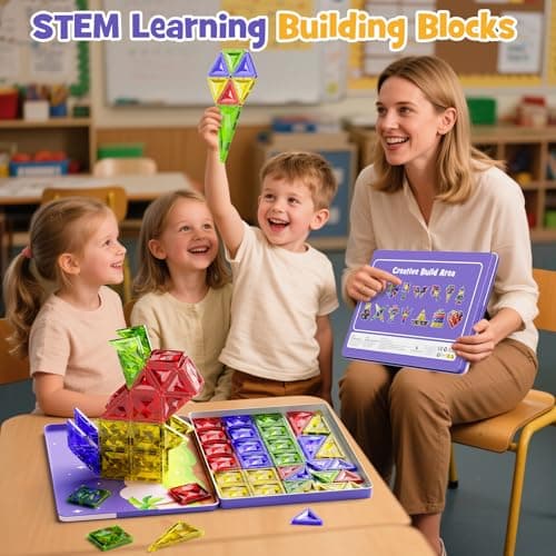 Magnetic Tiles STEM Toy for Kids: 60pcs 5cm Travel Building Kit & Tin Base — view 6