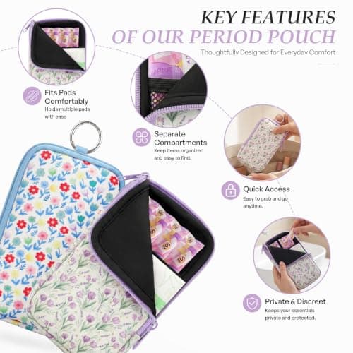 KJQJLY 2 Pack Portable Tampon Organizer Bag Tampon Holder & Storage Case with Zipper for Travel, Discreet Period Bag for Purse, Waterproof Feminine Products Pouch for Women (Lavender Floral) — view 3
