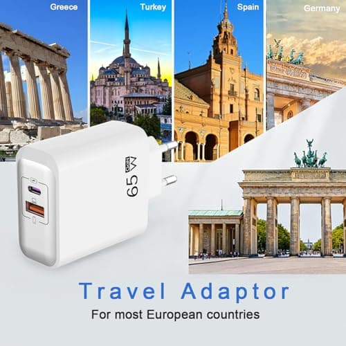 EU plug travel adapter charger, 65W European wall adapter with USB C fast charging port and USB A port, European universal fast charger compatible with iPhone/Samsung/power banks — view 2