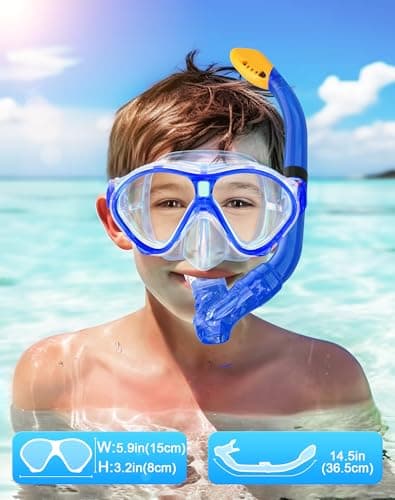 Gintenco Kids Snorkel Set, Dry Top Snorkel Mask Anti-Leak for Youth Junior Child, Anti-Fog Snorkeling Gear Free Breathing,Tempered Glass Swimming Diving Scuba Goggles 180° Panoramic View (Blue) — view 4