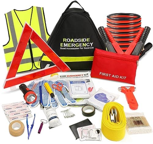 Emergency Breakdown Kit, 76 in 1 Multifunctional Roadside Assistance Car Breakdown Kit with Jumper Cables, Tow Rope, Triangle, Flashlight, Safety Hammer, etc