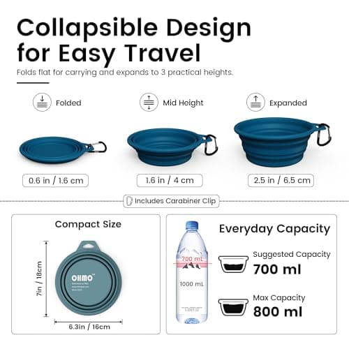 OHMO Large Collapsible Dog Water Bowl for Travel, 800ml, Peacock Blue — view 3