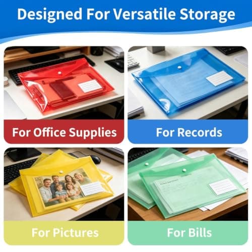 10 Pack A4 Folders with Snap Button and Label Pocket, 18C Thick Plastic Document Envelopes Waterproof, Assorted Colours Transparent File for School Office Travel — view 6