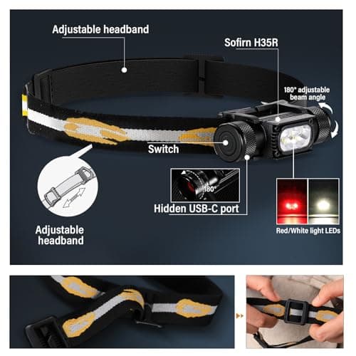 Rechargeable LED Head Torch - Sofirn H35R Super Bright Head Torches 1500 Lumens, 5 Red and White Light Modes, USBC Charging, IP68 Waterproof Headlamp, with Long Runtime for Camping, Running, Fishing — view 6