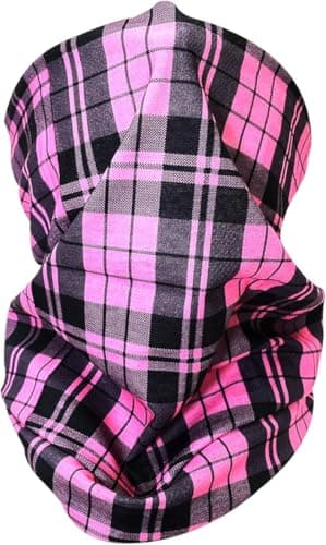 Unisex Neck Tube Scarf Snood Multifunctional Headwear for Cycling, Hiking & Outdoors Elastic Neck Gaiter, Bandana, Balaclava & Face Covering for Men & Women (Choose) (Sn7 - Pink Black Tartan)