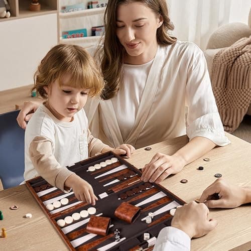 Backgammon Set, 11 Inch Backgammon Set With Premium Leather Case, Portable Board Game With Acrylic Playing Pieces & Wooden Dice Cups, Backgammon Travel Set For Adults And Kids (Brown) — view 4