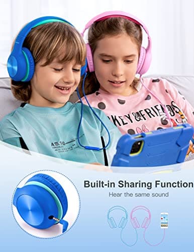 Nabevi Kids Headphones, Childrens Headphones with Microphone, 85dB/94dB Volume Limit, HD Sound, Sharing Function, Wired Headphone for Kids, Adjustable Toddler Headphone for School/Travel/Tablet, Blue — view 3