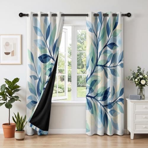 Light Blue Mint Green Botanicals Eyelet Blackout Curtains Bedroom — view 2