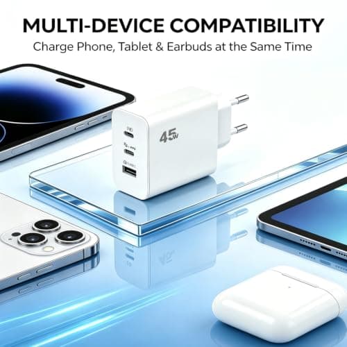 EU plug travel adapter charger, 45W European plug travel charger with 2 USB-C fast charging ports and 1 USB-A port, with 65W USB C fast charging cable — view 5