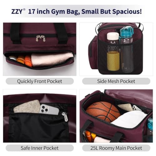 ZZY 25L Small Gym Duffle Bag, 17 inch, Maroon — view 3