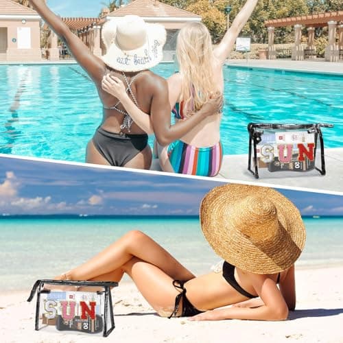 Elehui Clear Sunscreen Bag Waterproof Summer Beach Vacation Essentials Pool Day Must Have Accessories Small Makeup Toiletry Pouch Travel Purse Necessities Preppy Gifts for Women Teen Girls Black Sun — view 4