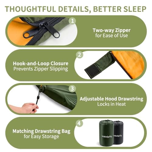 WakeSpring 3-Season Sleeping Bag for Camping - Windproof & Water-Repellent (170T Shell) - 1.2kg Lightweight & Portable - Zip-Together Double Size for Couples & Families (Army Green) — view 5