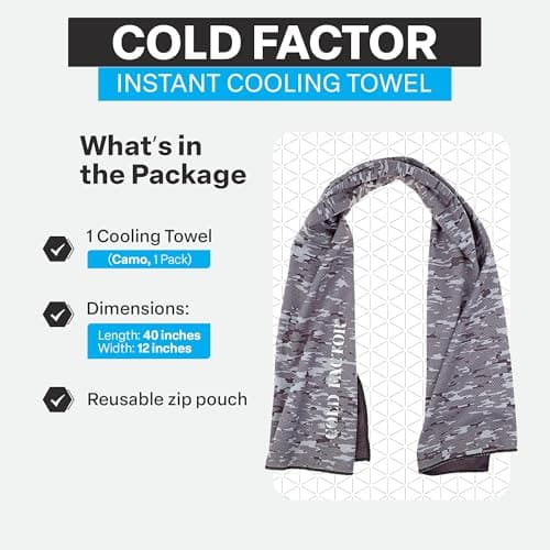 COLD FACTOR Instant Cooling Towel - Sports Cooling Towel with UPF 50+ and Reflective Protection - Moisture Wicking, Chemical-Free Evaporative Cooling for Hot Weather, Runners & Athlete (Camo, 1 Pack) — view 3