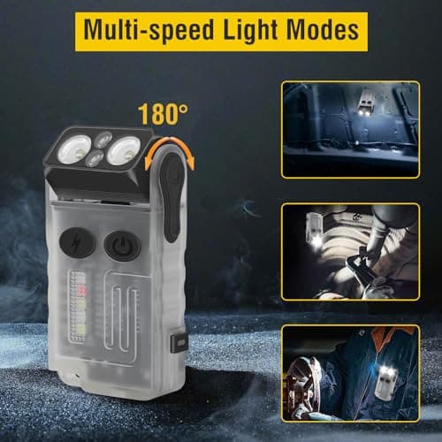 BORUIT V20 Small Torches LED Super Bright 1000 Lumen, 180° Swivels EDC Keyring Torch, 110dB Buzzer, 13 Modes Mini USB C Rechargeable Pocket Flashlight with COB Light, Clip, Magnetic(White) — view 3