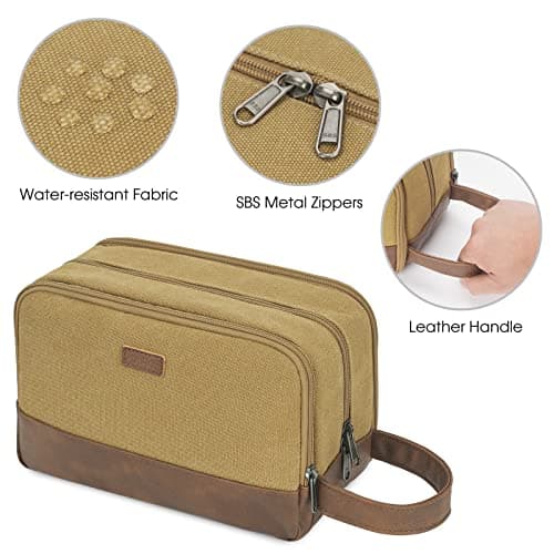 WANDF Toiletry Bag for Men, Travel Wash Bag with Handle, Water-Resistant Canvas Shaving Organiser, SBS Metal Zipper Dopp Kit for Makeup Bathroom Gym (Khaki) — view 6