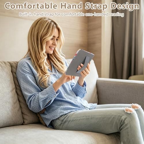 Universal Case for 6 Inch Kindle, Folio Ultra Slim Pu Leather Cover with Hand Strap Lightweight Shell Cover Compatible with Kindle 11th Generation 2024 E-Reader, White Flowers — view 5