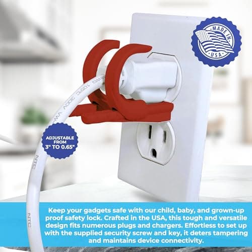 Lock Socket Adjustable Outlet Lock RED- Anti Theft Child-Safe Outlet Lock to Secure 2 or 3 Pronged Plugs & Adaptors. Secure Lock for Most Cords, Includes Security Screw & Allen Wrench. Made in USA — view 2