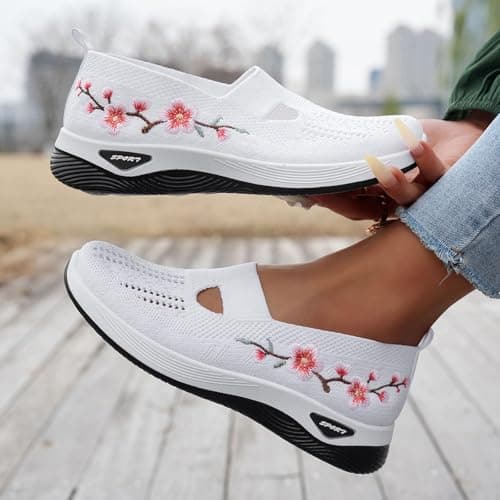 Orthopedic Shoes for Women,Women Comfy Orthopedic Walking Shoes Womens Lightweight Slip-On Knitted Embroidery Sneakers Comfortable Walking Shoes Breathable Slip On Arch Support Non-Slip Sneakers — view 2